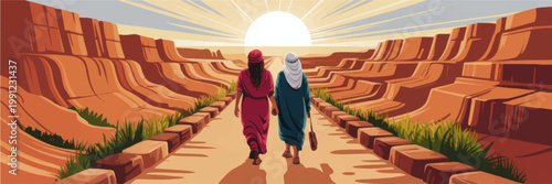 Biblical journey through desert canyon at sunrise, two ancient travelers walking road between sandstone cliffs, spiritual illustration