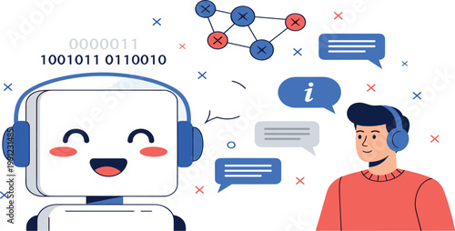 Artificial intelligence customer support vector illustration featuring robot and man with headsets chat bubbles and binary code in a flat design style