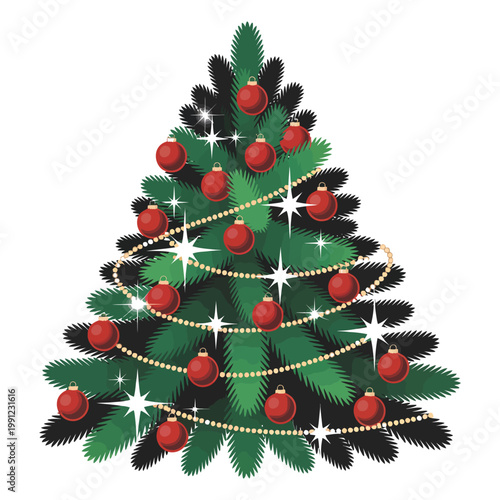 Festive Christmas tree decorated with red ornaments and golden lights on transparent background