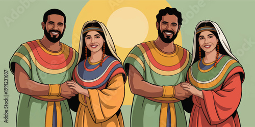 Smiling ancient Middle Eastern couples in traditional biblical clothing, colorful flat vector illustration with sun backdrop