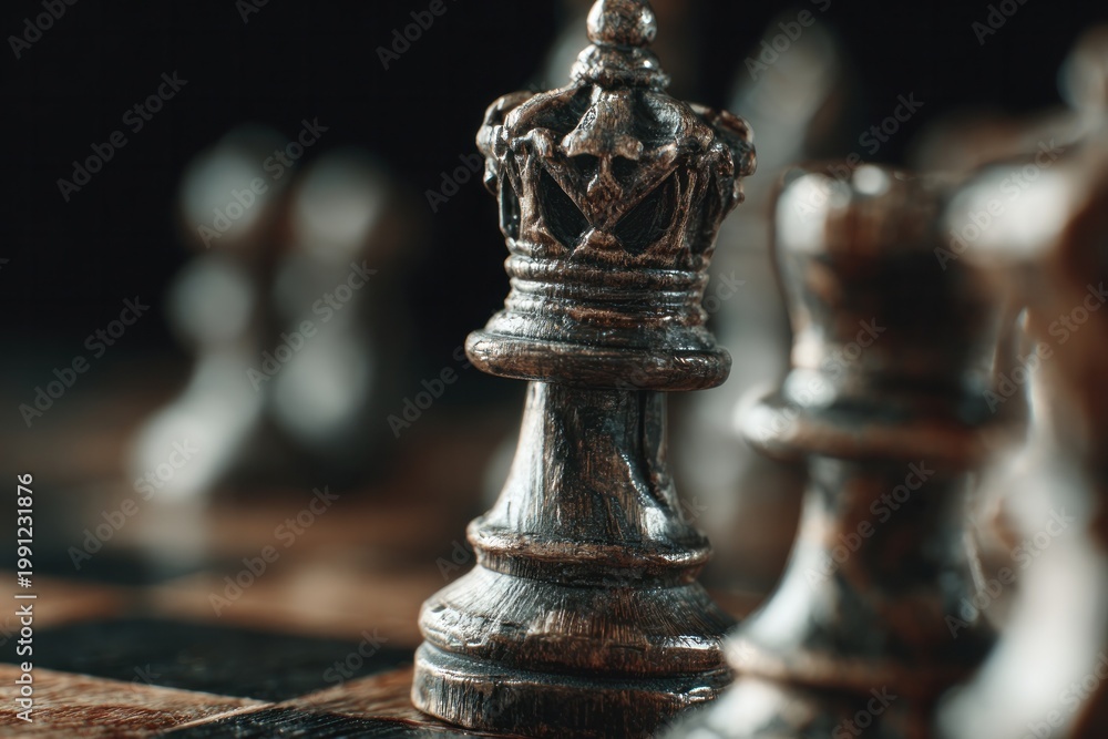 Fototapeta premium Wooden chess queen piece in focus with blurred board background