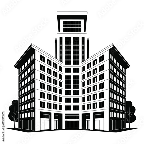 Stylized black and white illustration of a modern office building with trees on a transparent background