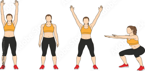 Woman performing bodyweight exercises vector set featuring squat jumping jacks and overhead reach for fitness routine and workout app branding