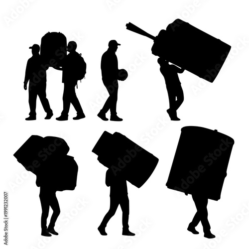 Silhouette of people carrying heavy luggage and boxes for moving or travel