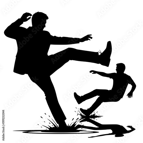 Silhouettes of Men Slipping and Falling on a Wet Surface