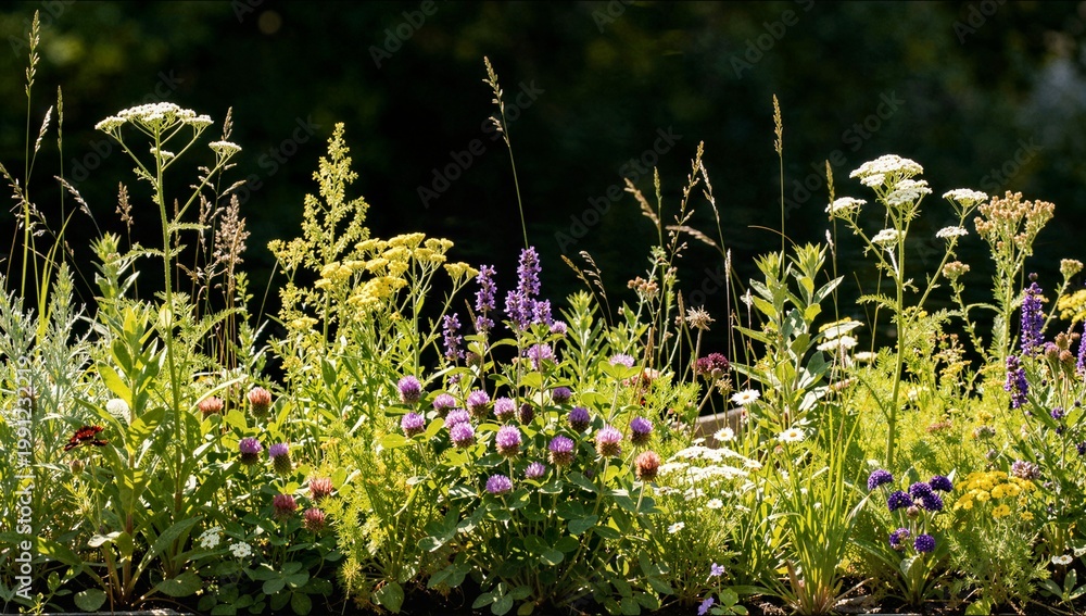 Obraz premium A variety of wild meadow flowers including purple clover and white yarrow grow densely together against a dark background in the bright morning sun.