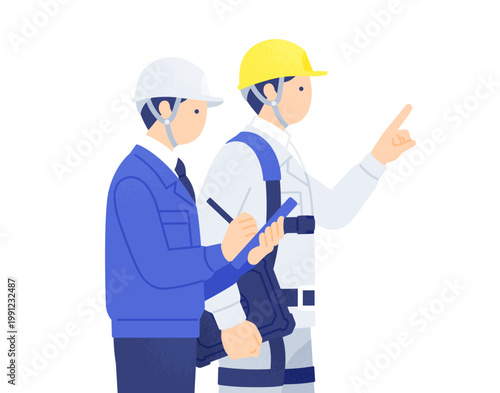 ヘルメットとフルハーネスを装備した現場監督と作業員がタブレット端末を用いて点検や指示出しするイラスト