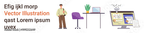 Office workspace, technology, productivity, creative design, remote work, collaboration. Person standing next to desk setup with chair, computer and plant. Office workspace and technology concept