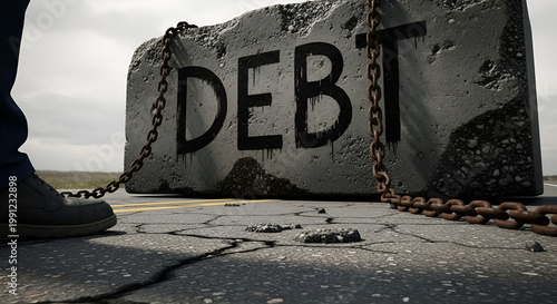 Massive stone with the word DEBT chained to a persons leg.