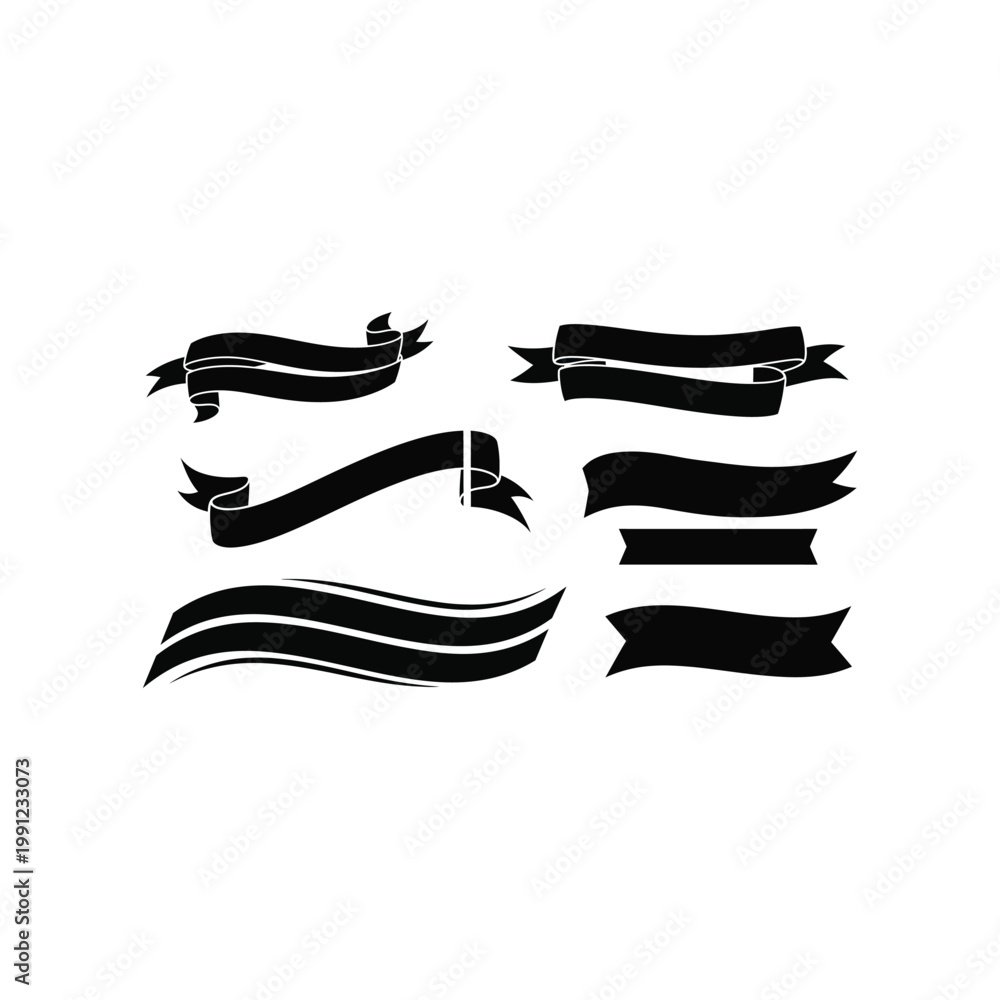 Obraz premium Collection of black ribbons and banners on a white background for decoration