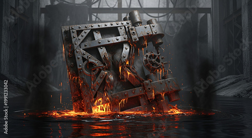 Industrial Machine Melting in Fiery Liquid.