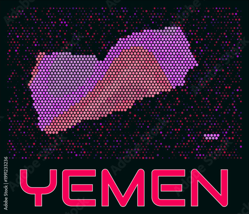 Yemen digital style hexagon map. Vibrant magenta purple pink neon dotted shape. Country tiny bright hexagon cells. Yemen honeycomb map design. Elegant Vector Illustration.