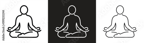 Set of linear icons of a person in lotus position with different stroke weights. Minimalist symbols of yoga, meditation, tranquility, and mental health. Vector illustration.