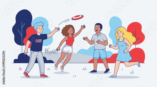 Friends Joyfully Playing Frisbee Outdoors on a Sunny Day Surrounded by Colorful Trees