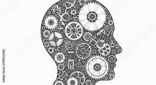 Human head silhouette filled with intricate gears and mechanisms.