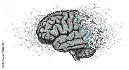 Human Brain Dissolving into Abstract Network Connections.