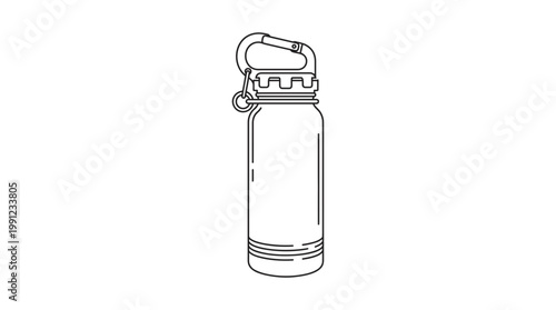 line art icon of reusable metallic water bottle with carabiner clip on white background, ideal for outdoor gear marketing, sustainable lifestyle infographics and camping equipment design