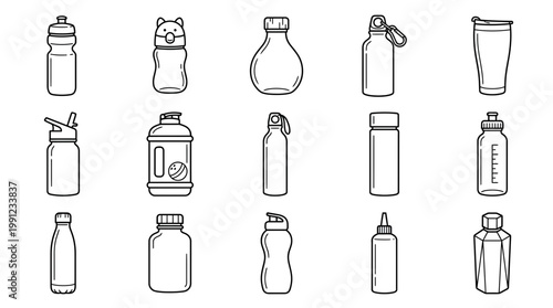Set of various reusable water bottle line icons and drinkware silhouettes on white background, ideal for fitness mobile apps, product catalog design and commercial web interface icons
