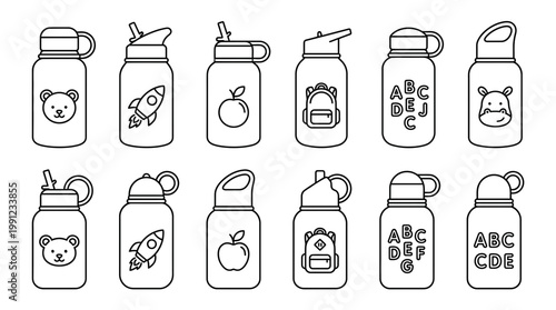 Minimalist outline icons of children's reusable water bottles featuring animal and educational prints, ideal for educational coloring pages, kids' product catalog and school graphic design
