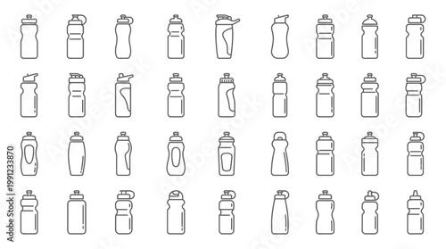 Large set of various sports water bottle line icons with different shapes on a white background, ideal for fitness app interface, gym merchandise branding and hydration marketing campaigns