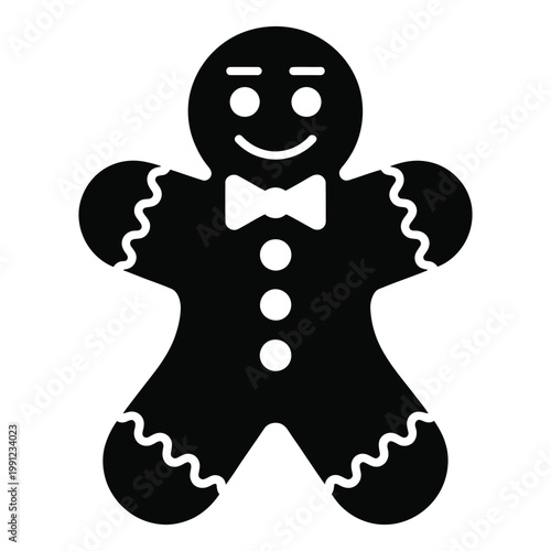 Black gingerbread man cookie with bow tie and buttons, Christmas holiday treat icon, festive baking symbol on transparent grid background.