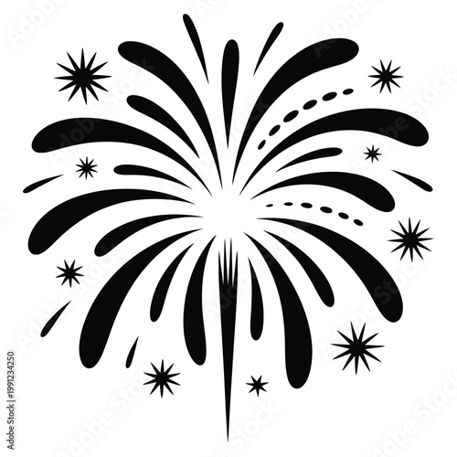 Firework burst with stars and dots, celebratory explosion graphic, abstract festive event symbol, black illustration on transparent grid background.