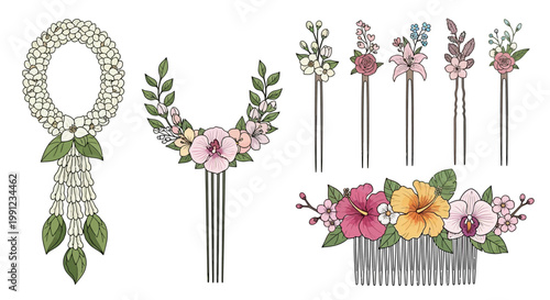 Set of floral hair accessories and traditional Thai flower garland illustration.