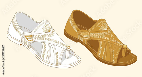 Pair of summer leather sandals in outline and colored versions.