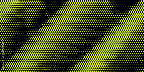 Abstract portrait composed of yellow hexagonal halftone dots on black