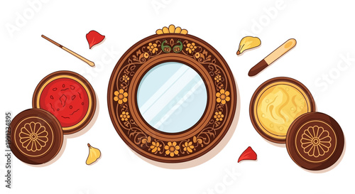 Decorative antique mirror and vintage makeup cosmetics set illustration.