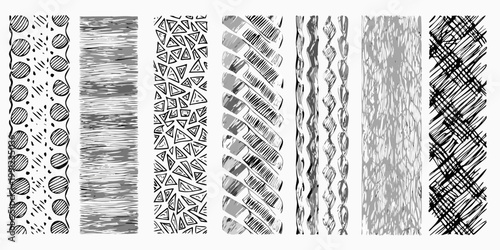 A collection of seven vertically oriented hand drawn abstract patterns