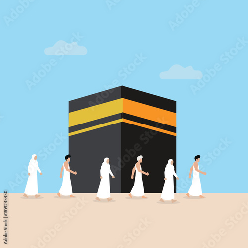 Hajj Pilgrimage Illustration with Kaaba and Muslim Worshippers in Mecca