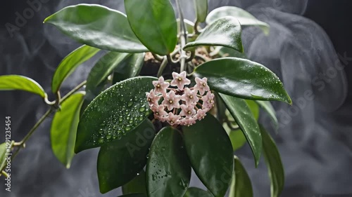 A plant with green leaves and a pink flower.