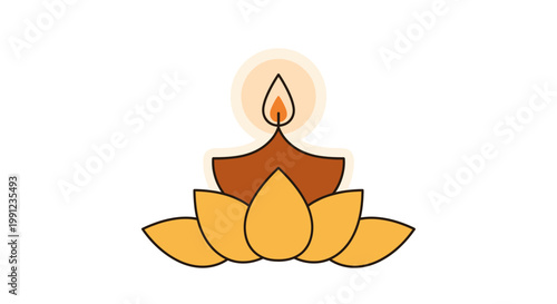 Minimalist Diwali Diya Oil Lamp Illustration on Lotus Flower.