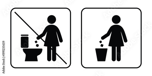 Set of restroom rules icons showing correct and incorrect waste disposal. Includes prohibited flushing symbol and proper trash bin usage pictogram. Ideal for public toilets, hotels, restaurants, offic