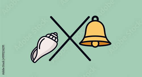 Conch shell and bell with a cross through them, symbolizing silence or prohibition of sound.