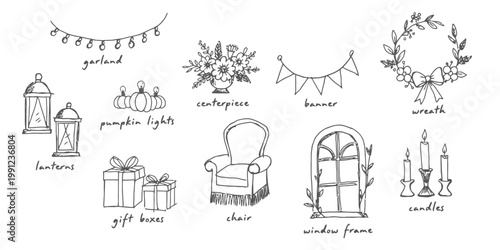 Hand drawn doodle sheet of elements including a graphic compass, vintage telescope, and astronomical chart with sketch details and line art.
