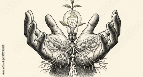 Hands holding a light bulb with roots and plant growing.