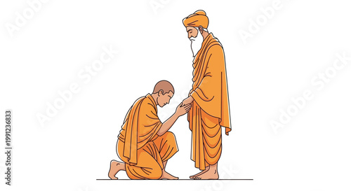 Illustration of a disciple touching the feet of a guru in traditional saffron robes as a sign of respect.