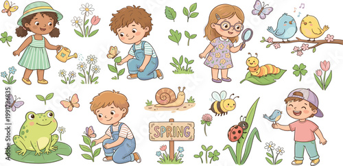 Schilderij op canvas Cute children exploring nature in a spring garden with happy animals birds butterflies and colorful flowers for nursery education and seasonal children's celebration designs