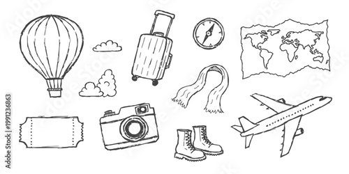 Hand-drawn doodle sheet of assorted elements including a light bulb, a speech bubble, and a cloud shape in black ink style on a white background.