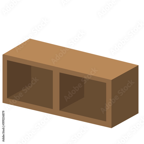 Open brown wooden bookshelf with two compartments, storage furniture, home or office decor, vector.