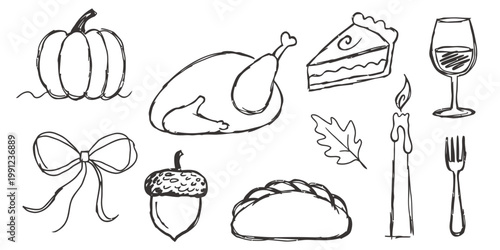 Hand-drawn doodle sheet of elements including a pen, pencil, and paintbrush, presented on a white background with black outlines.