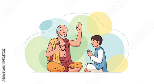 Indian Guru blessing a young student in traditional attire.