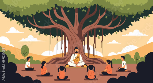 A spiritual guru teaching a group of children under a large banyan tree in a peaceful outdoor setting.