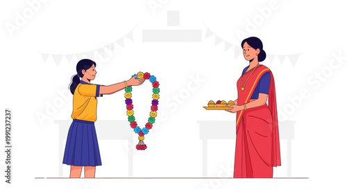 Young Indian girl in school uniform offering flower garland to woman in traditional red saree.