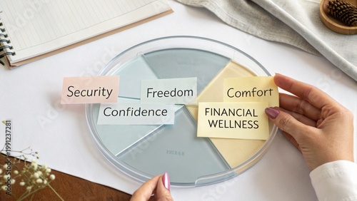 Concept of Financial Wellness with Keywords Representing Security, Freedom, Comfort, and Confidence on a Stylish Wheel