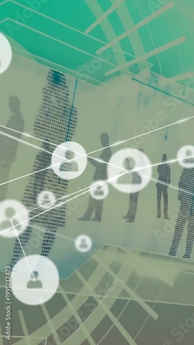 Vertical video: Teal pulse starting user icons linking, shifting and showing crowd links on mural