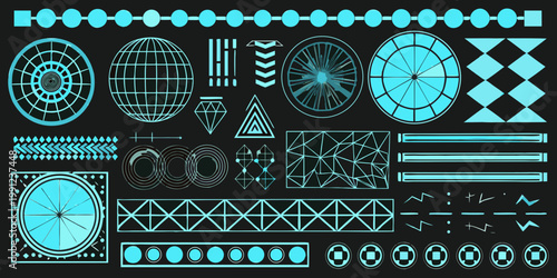 Abstract geometric shapes and lines in a teal and black design