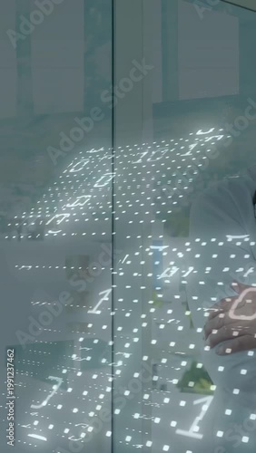 Vertical video: Medical doctor entering frame while grid shifting, overlaying stethoscope and data